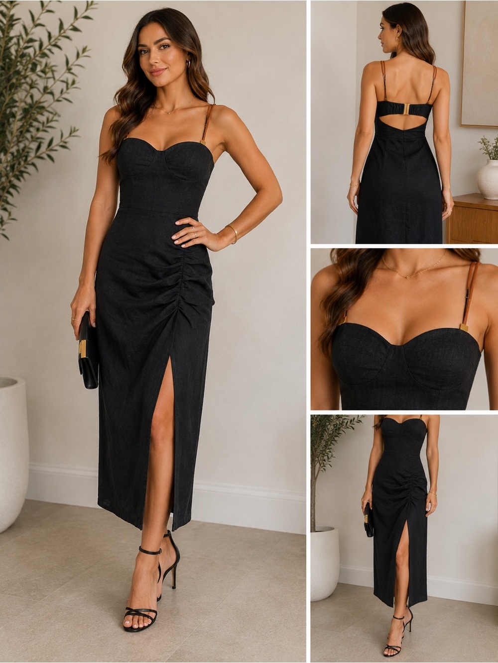 Elegant Black Maxi Dress with Thigh Slit and Sweetheart Neckline